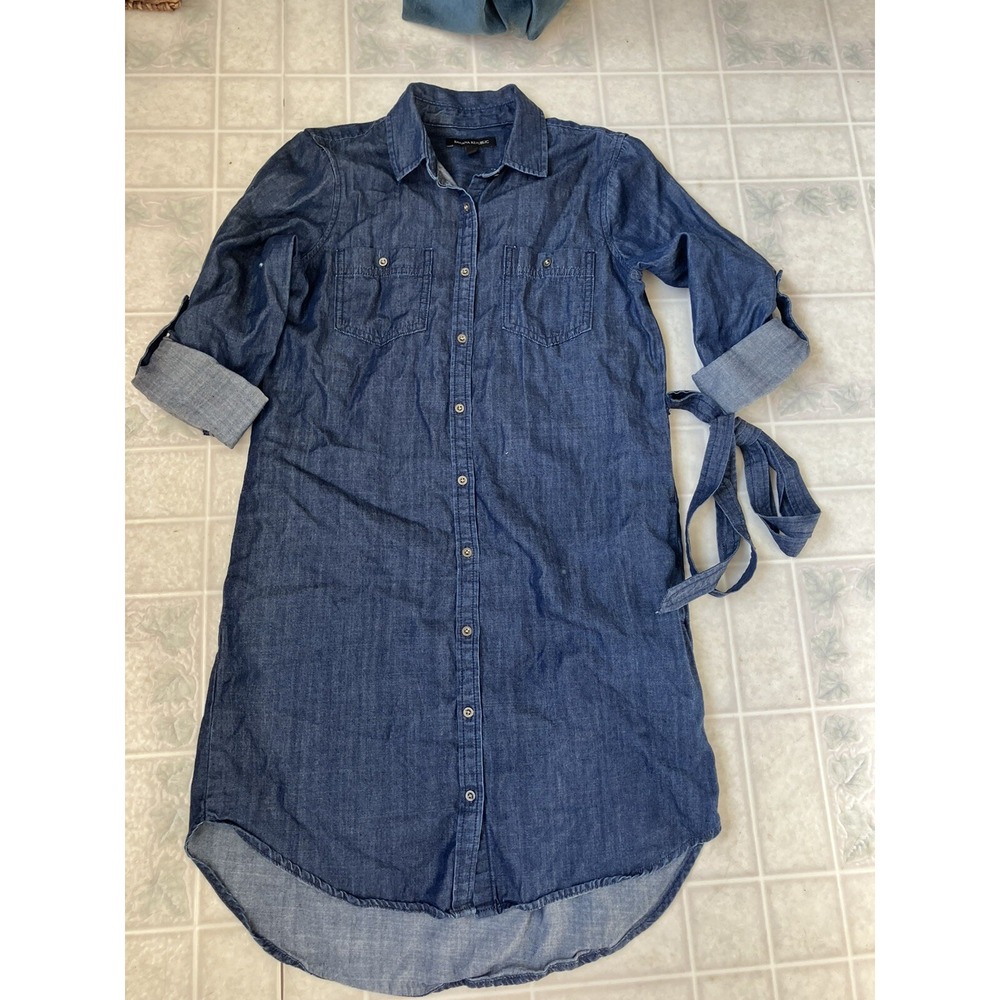 Banana Republic Shirt Dress Sz 2 Chambray Blue Button Down Roll Tab Slv Casual